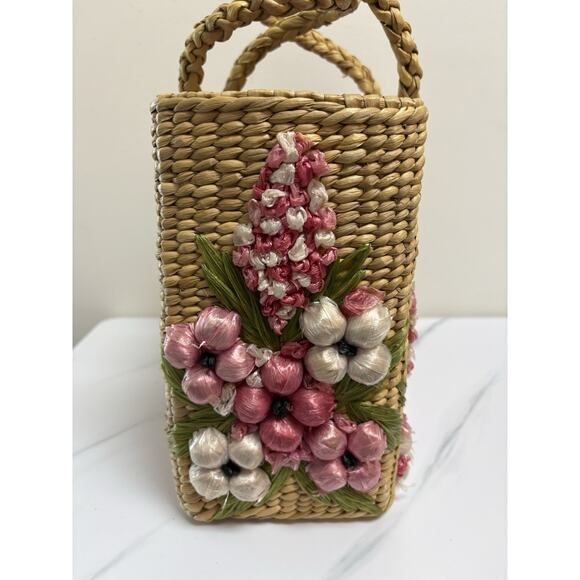 Mantessa Woven Straw Raffia Flower Tote Bag Pink White Boho Cottagecore - Picture 3 of 13